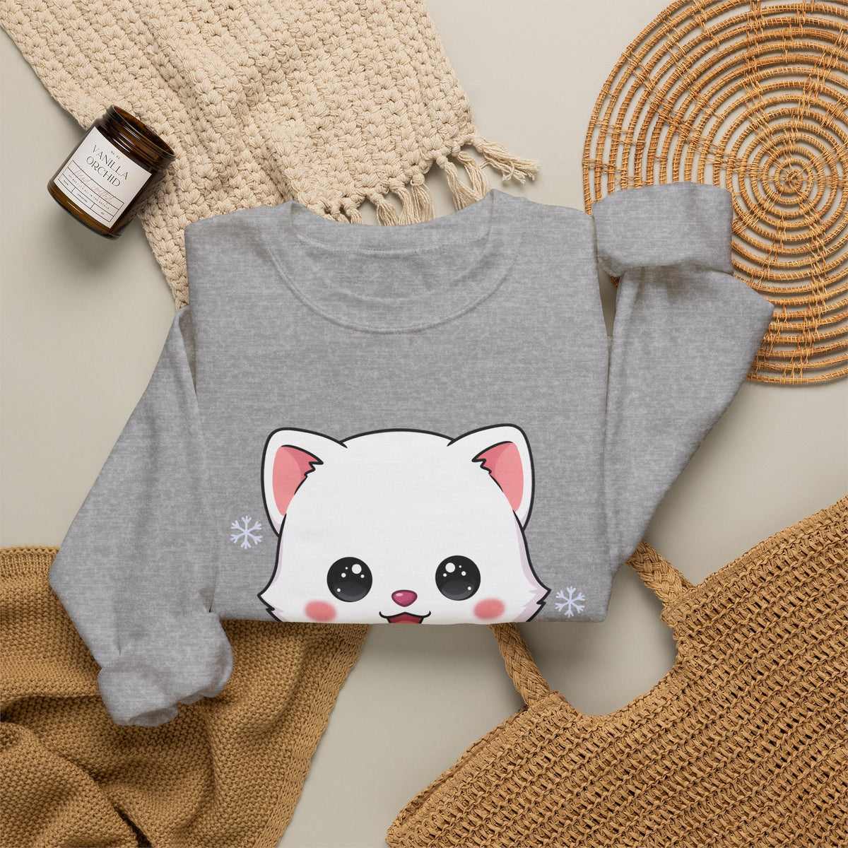 Kawaii Arctic Fox Sweatshirt, Cute Winter Animal Crewneck