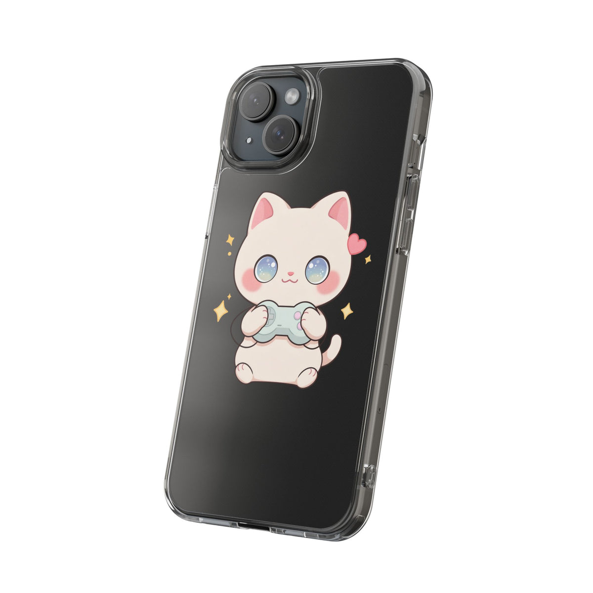 Kawaii Gamer Cat Clear Phone Case for Gaming Fans