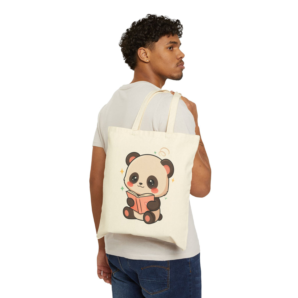 Kawaii Reading Panda Cotton Canvas Tote Bag