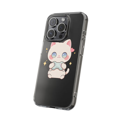 Kawaii Gamer Cat Clear Phone Case for Gaming Fans