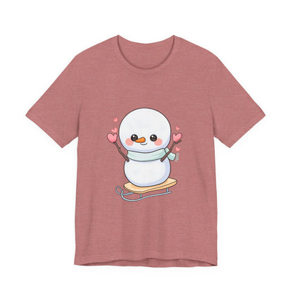 Kawaii Snowman T-Shirt, Cute Winter Sledding Tee