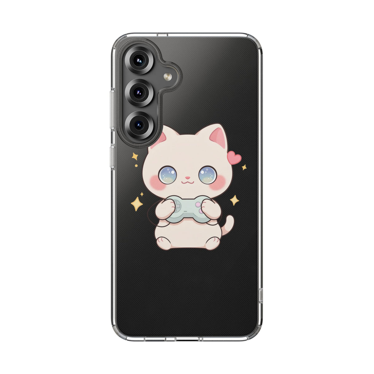 Kawaii Gamer Cat Clear Phone Case for Gaming Fans