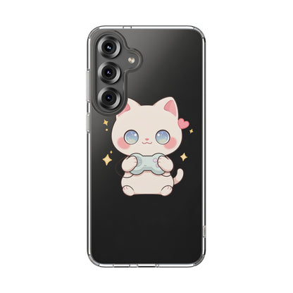 Kawaii Gamer Cat Clear Phone Case for Gaming Fans
