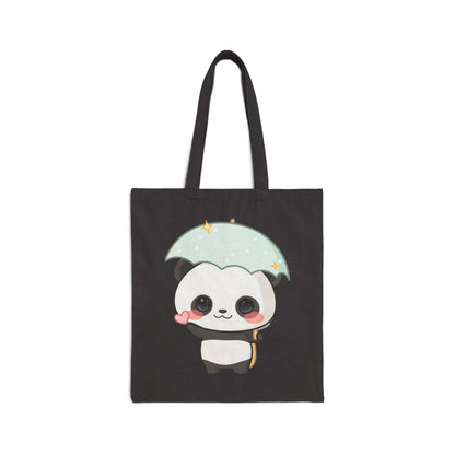 Kawaii Panda Tote Bag with Umbrella, Cute Cotton Canvas