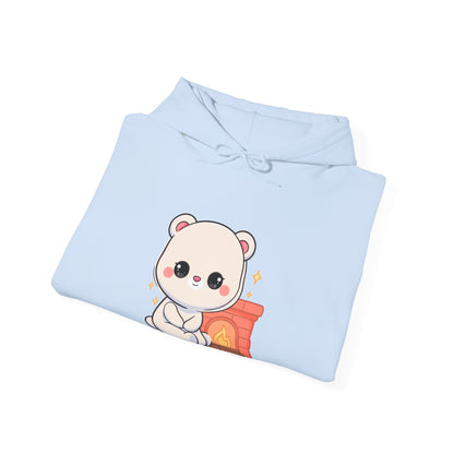 Kawaii Polar Bear Hoodie, Cozy Fireplace Cub Sweatshirt