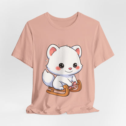 Kawaii Arctic Fox Sledding T-Shirt, Cute Unisex Tee