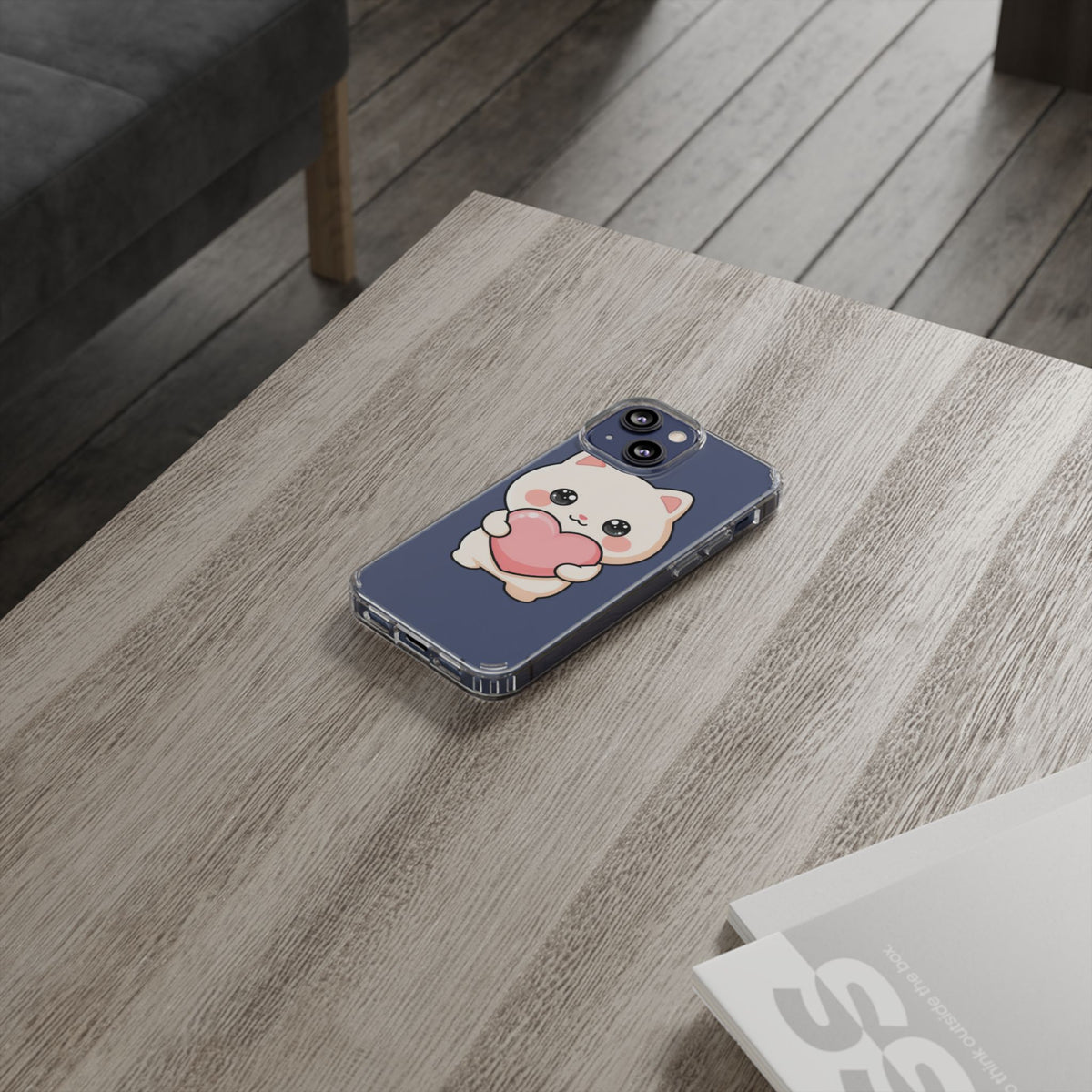 Kawaii Cat Phone Case with Heart, Clear Impact-Resistant