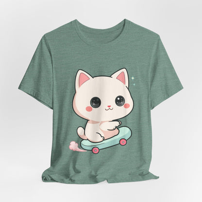 Kawaii Skateboarding Cat T-Shirt – Cute Chibi Kitty Tee