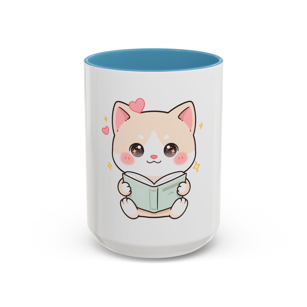 Kawaii Cat Reading Mug, Cute Book Lover Accent Coffee Mug
