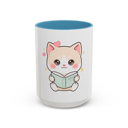Kawaii Cat Reading Mug, Cute Book Lover Accent Coffee Mug