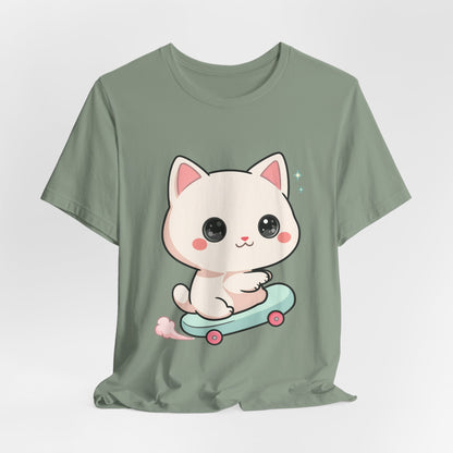 Kawaii Skateboarding Cat T-Shirt – Cute Chibi Kitty Tee
