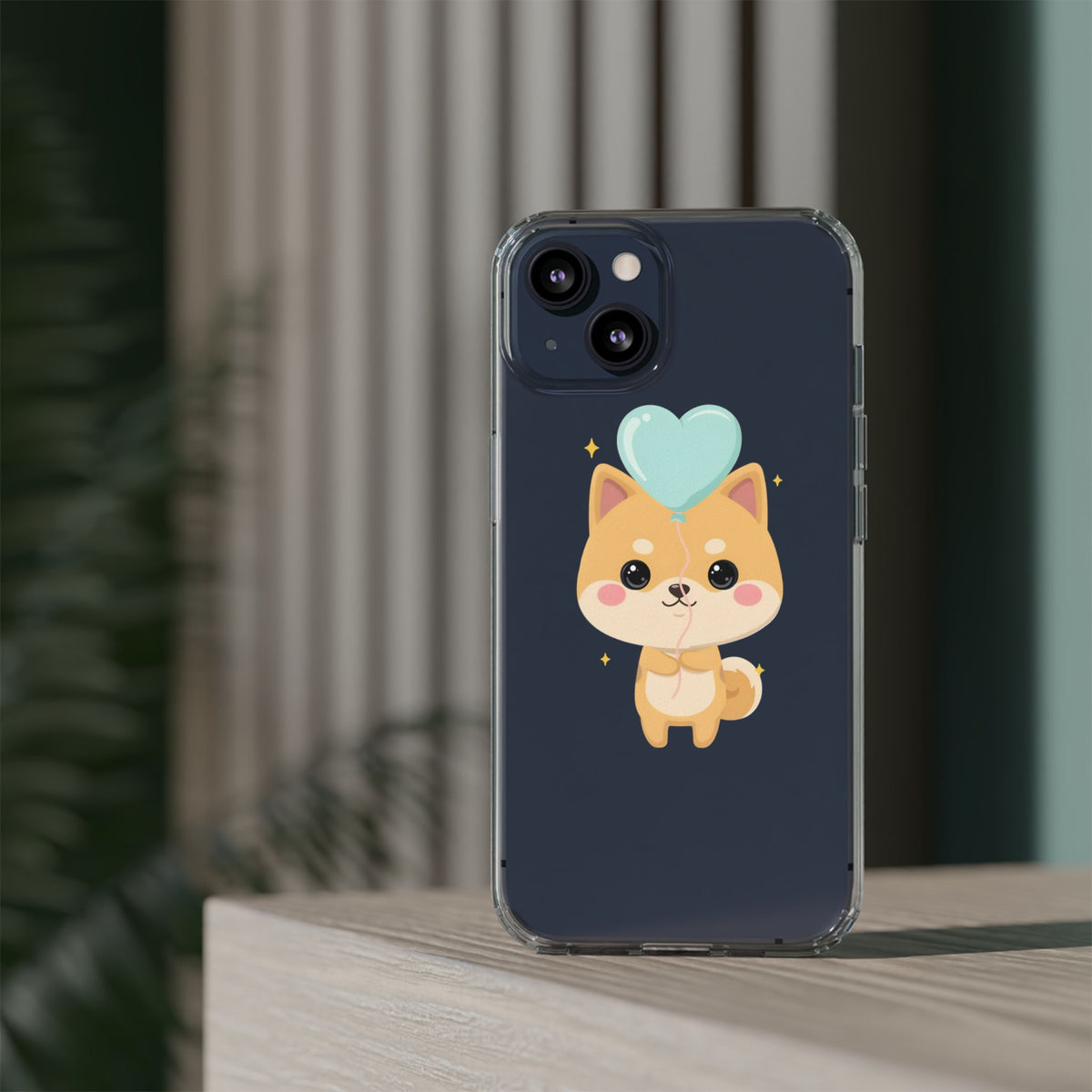 Kawaii Shiba Inu Clear Phone Case with Heart Balloon