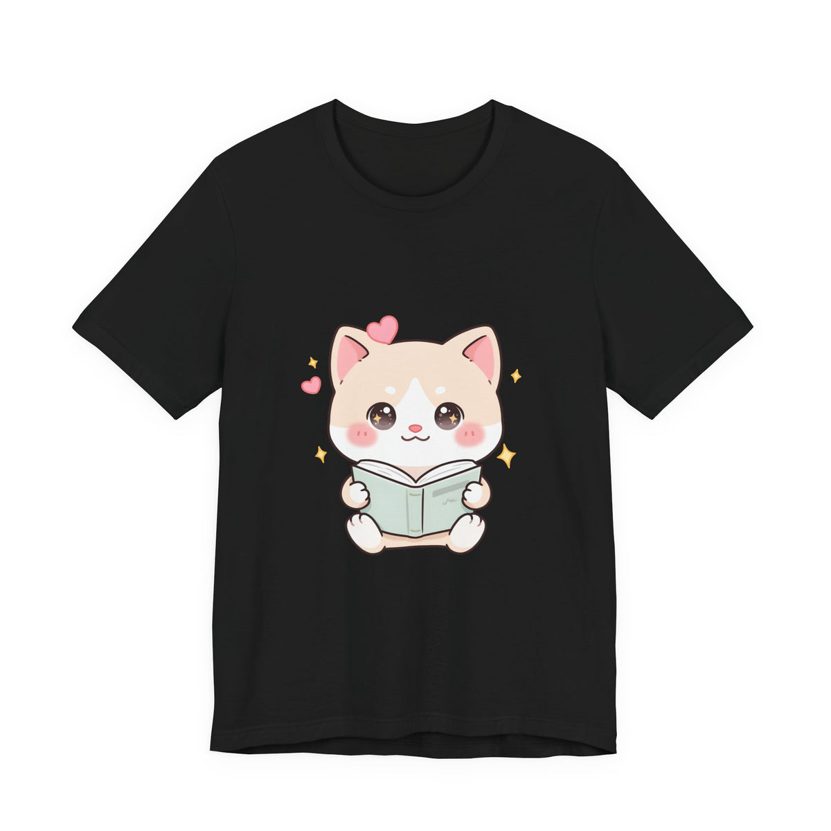 Kawaii Reading Cat T-Shirt for Book Lovers