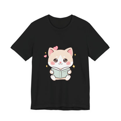 Kawaii Reading Cat T-Shirt for Book Lovers
