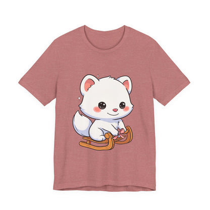 Kawaii Arctic Fox Sledding T-Shirt, Cute Unisex Tee