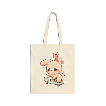 Kawaii Bunny Skateboard Tote Bag, Cute Cotton Canvas