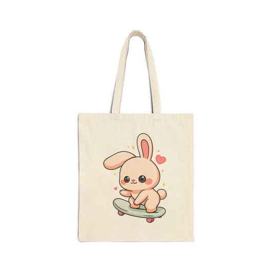 Kawaii Bunny Skateboard Tote Bag, Cute Cotton Canvas
