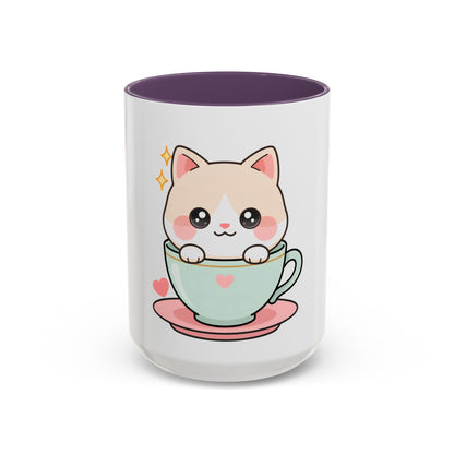 Kawaii Cat Coffee Mug, Cute Cat in Teacup Accent Mug