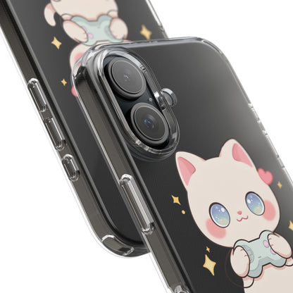 Kawaii Gamer Cat Clear Phone Case for Gaming Fans