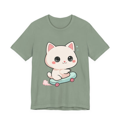 Kawaii Skateboarding Cat T-Shirt – Cute Chibi Kitty Tee