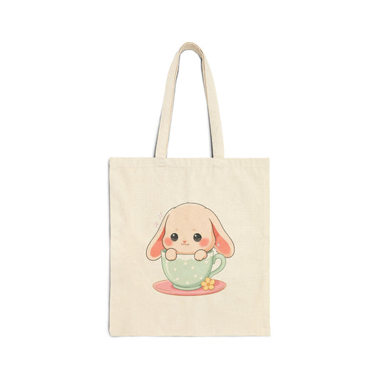 Kawaii Bunny Tote Bag, Sweet Tea Cup Chibi Art
