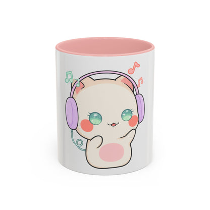 Kawaii Cat Coffee Mug, Music Lover Accent Ceramic Mug