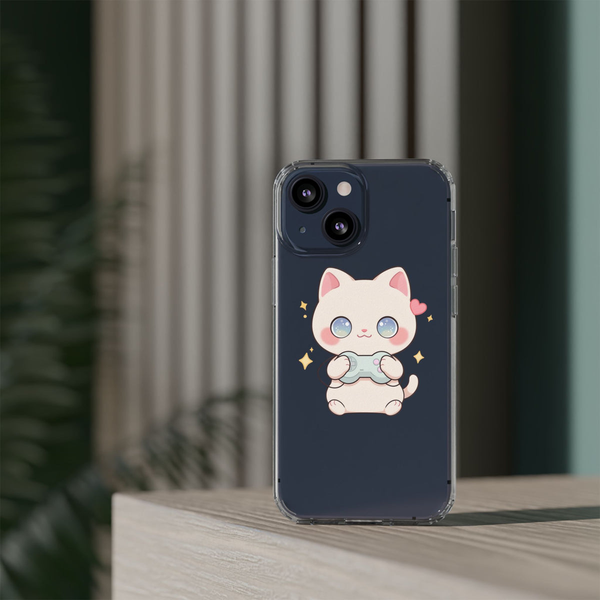 Kawaii Gamer Cat Clear Phone Case for Gaming Fans