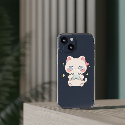 Kawaii Gamer Cat Clear Phone Case for Gaming Fans