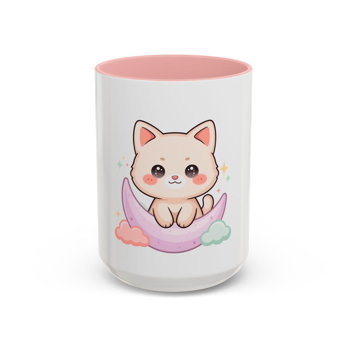 Kawaii Cat Moon Accent Coffee Mug, Cute Cat Lover Gift