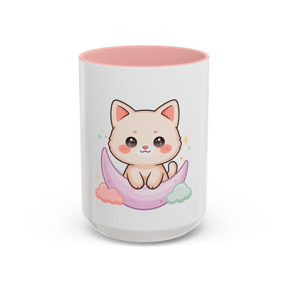 Kawaii Cat Moon Accent Coffee Mug, Cute Cat Lover Gift