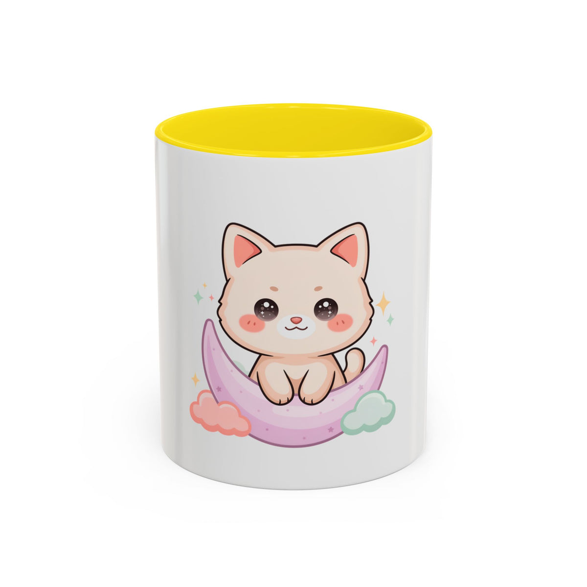 Kawaii Cat Moon Accent Coffee Mug, Cute Cat Lover Gift