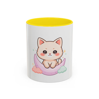 Kawaii Cat Moon Accent Coffee Mug, Cute Cat Lover Gift