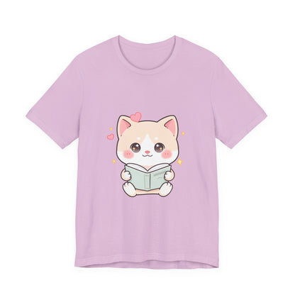 Kawaii Reading Cat T-Shirt for Book Lovers