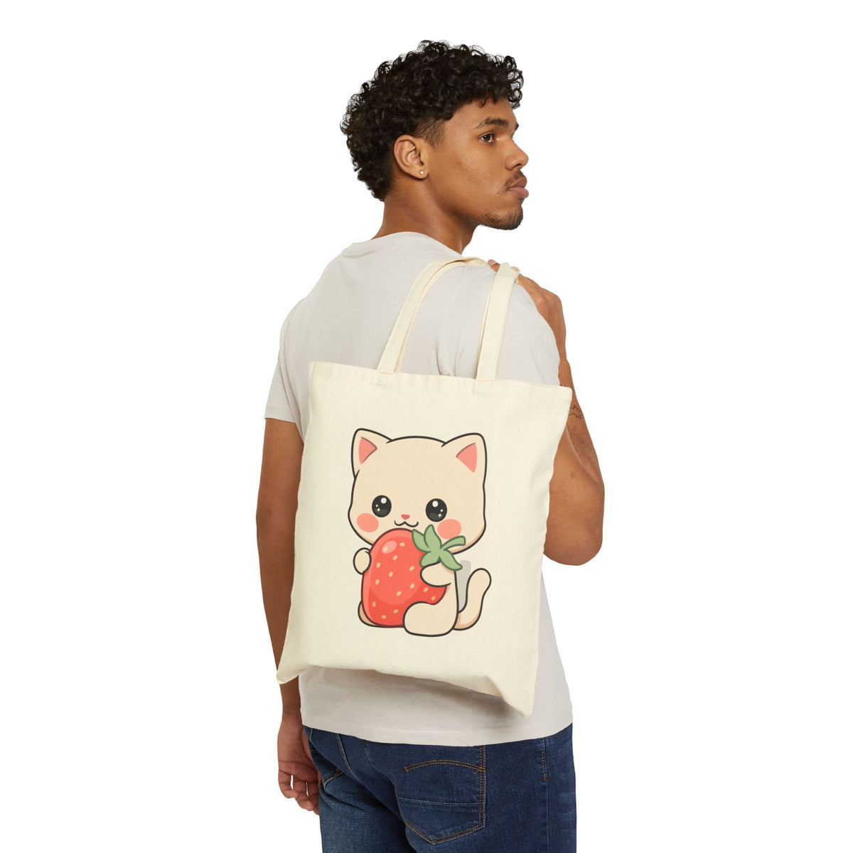 Kawaii Cat Strawberry Tote Bag – Cute Canvas Carryall