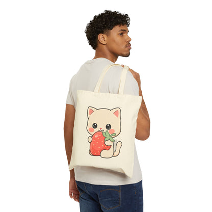 Kawaii Cat Strawberry Tote Bag – Cute Canvas Carryall
