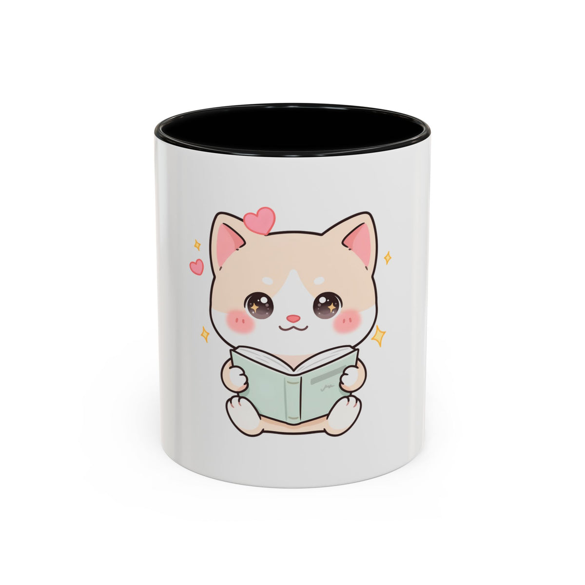 Kawaii Cat Reading Mug, Cute Book Lover Accent Coffee Mug