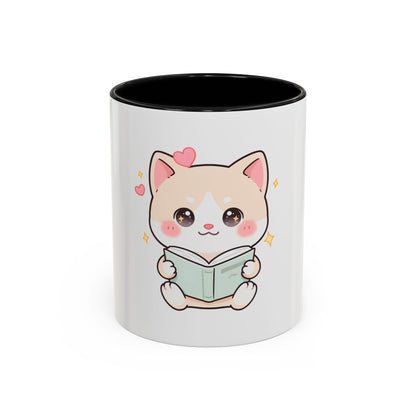 Kawaii Cat Reading Mug, Cute Book Lover Accent Coffee Mug