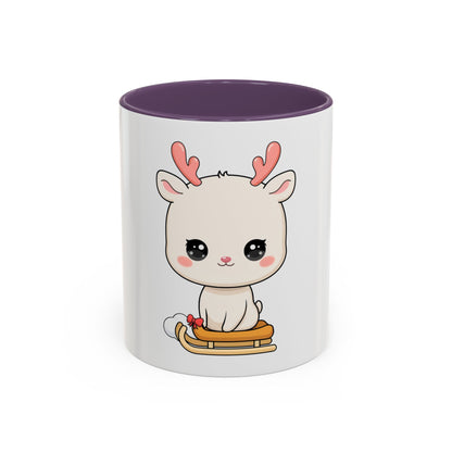 Christmas Reindeer Accent Coffee Mug, Cute Kawaii Sledding Gift