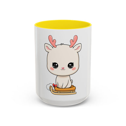 Christmas Reindeer Accent Coffee Mug, Cute Kawaii Sledding Gift