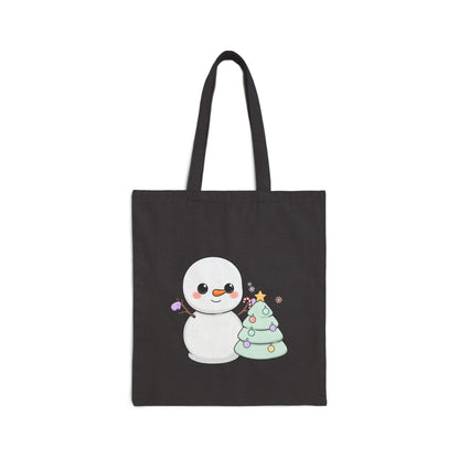 Kawaii Snowman Christmas Tote Bag, Cute Holiday Cotton Canvas