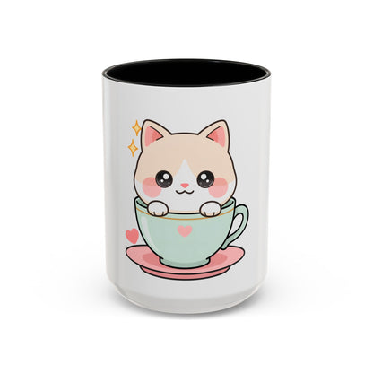 Kawaii Cat Coffee Mug, Cute Cat in Teacup Accent Mug