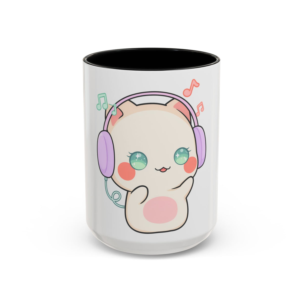 Kawaii Cat Coffee Mug, Music Lover Accent Ceramic Mug
