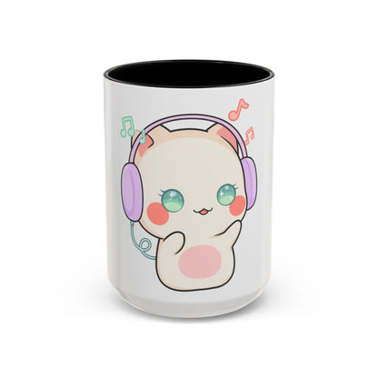Kawaii Cat Coffee Mug, Music Lover Accent Ceramic Mug