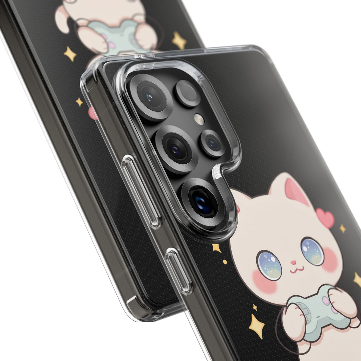 Kawaii Gamer Cat Clear Phone Case for Gaming Fans