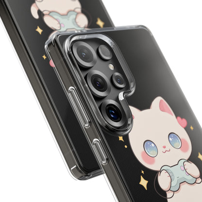 Kawaii Gamer Cat Clear Phone Case for Gaming Fans