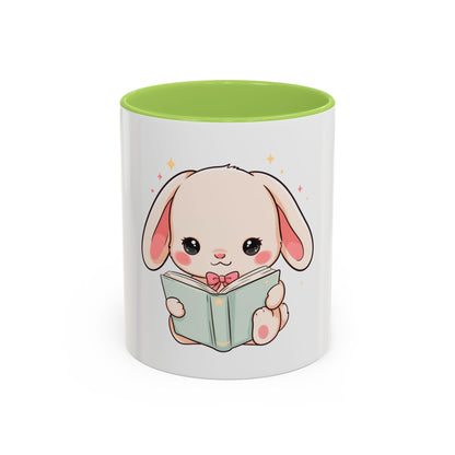 Kawaii Reading Bunny Mug, Cute Book Lover Accent Coffee Mug