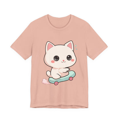 Kawaii Skateboarding Cat T-Shirt – Cute Chibi Kitty Tee