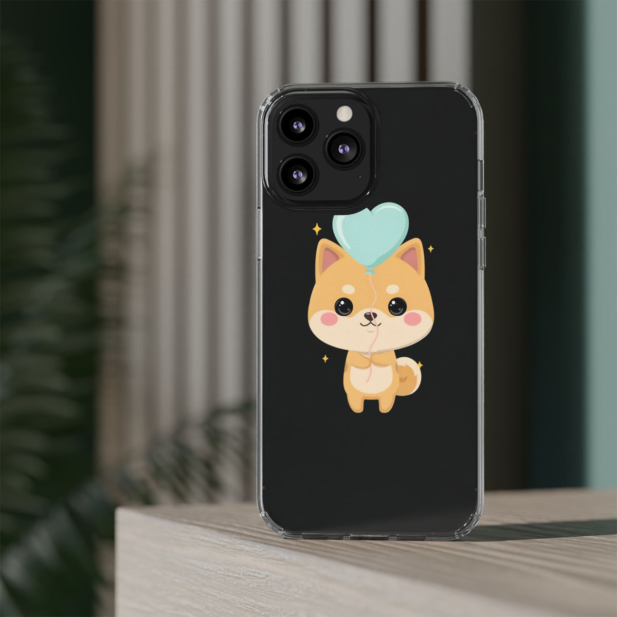 Kawaii Shiba Inu Clear Phone Case with Heart Balloon