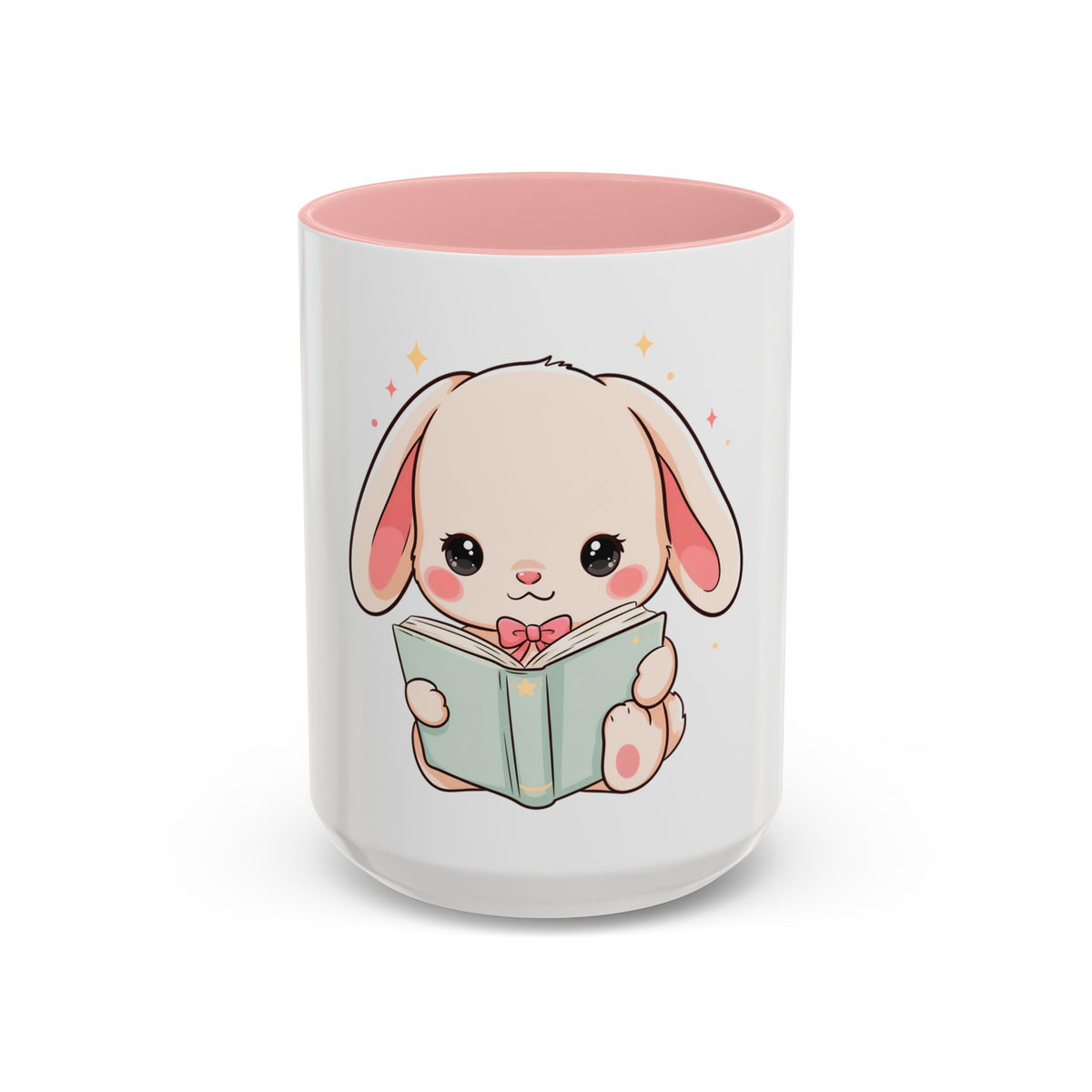 Kawaii Reading Bunny Mug, Cute Book Lover Accent Coffee Mug