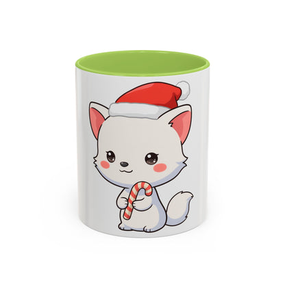 Kawaii Arctic Fox Christmas Mug, Cute Santa Fox Accent Coffee Mug